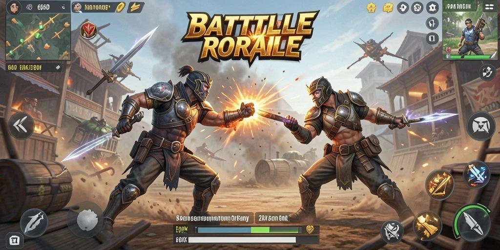 Tangkapan layar utama 66D menampilkan aksi intens dalam mode Battle Royale.