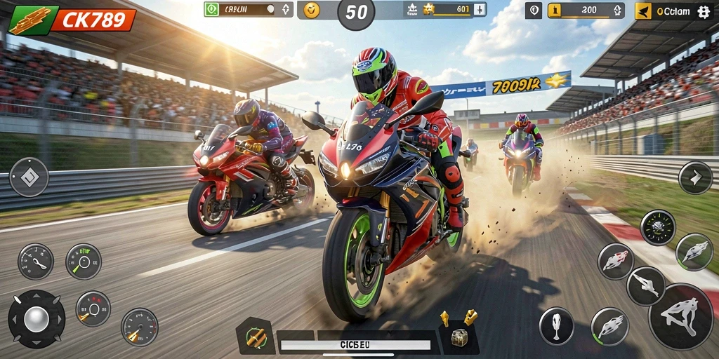 Tangkapan layar gameplay CK789 yang menunjukkan aksi balap motor yang seru.