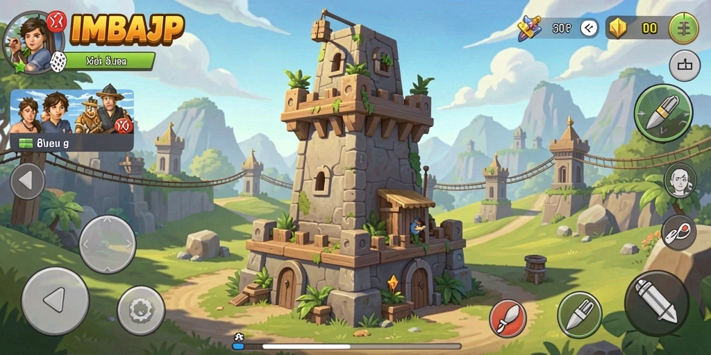 Tampilan gameplay IMBAJP dengan menara melawan serangan musuh.