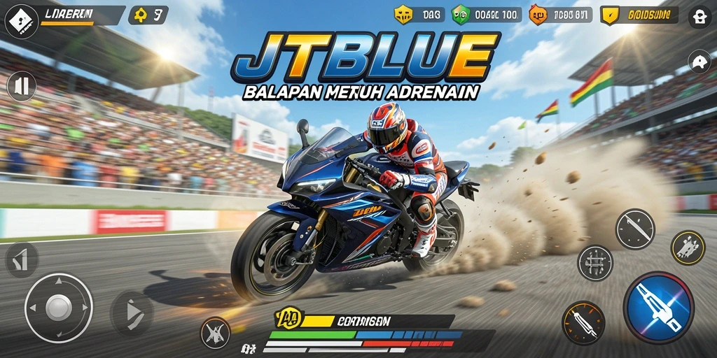 Screenshot JTBLUE menampilkan aksi balapan motor yang menegangkan.