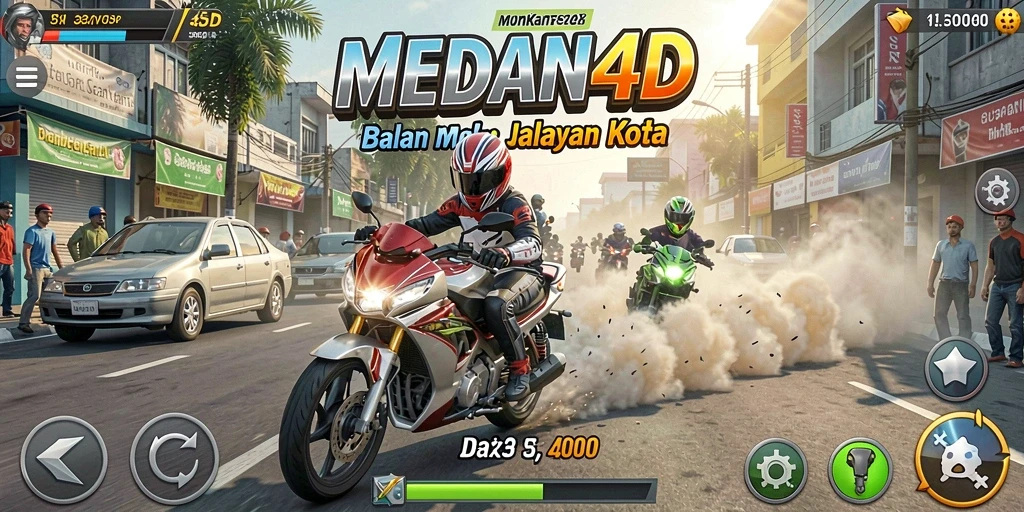Screenshot gameplay MEDAN4D menunjukkan balapan seru di jalanan kota.