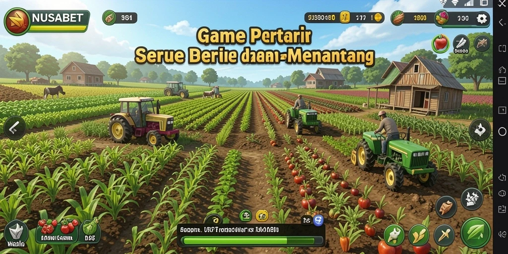 Tampilan screenshot utama NUSABET menampilkan ladang hijau yang indah dengan aktivitas bertani yang seru.