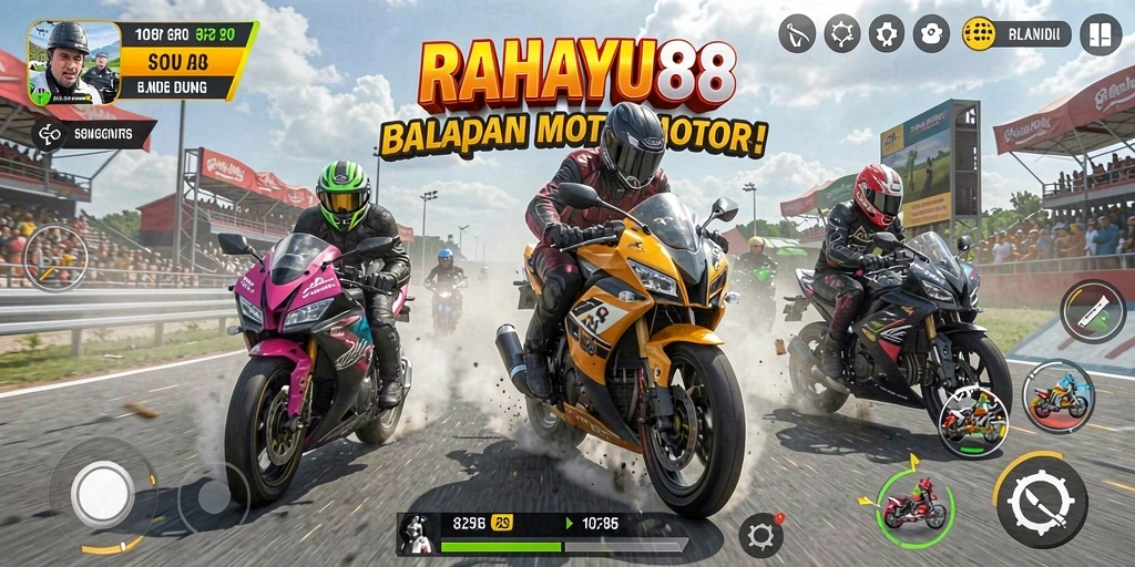 Tampilan gameplay RAHAYU88 dengan balapan motor yang mendebarkan.