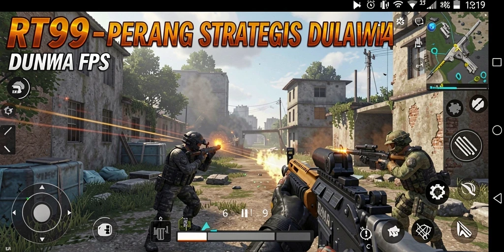 Screenshot utama RT99 menampilkan aksi tembak-menembak intens dalam gameplay FPS.