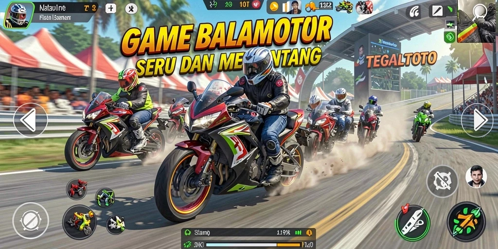 Gameplay TEGALTOTO dengan balapan motor yang seru dan menantang.